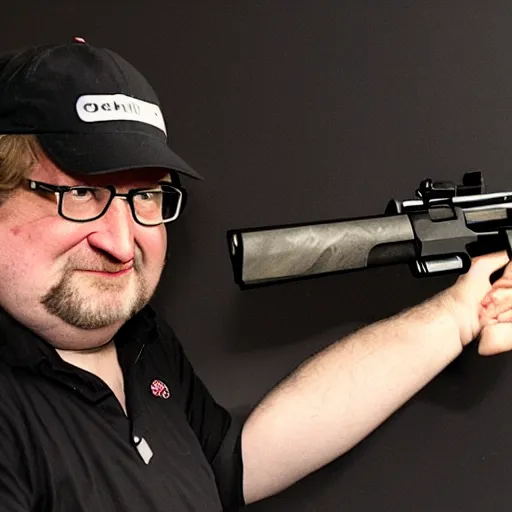 Image similar to Gabe Newell delivering a pistol to an apartment