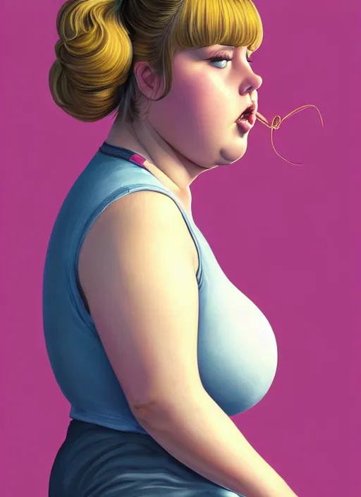 Image similar to full body portrait of teenage betty cooper, obese, bangs, ponytail, sultry, realistic, sultry smirk, ponytail hairstyle, fluffy bangs, curly bangs, skirt, fat, belly, intricate, elegant, highly detailed, digital painting, artstation, concept art, smooth, sharp focus, illustration, art by wlop, mars ravelo and greg rutkowski