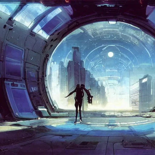 Image similar to derelict portal in a middle of a futuristic cityscape, world seen only through a portal, daylight, cinematic perspective, cinematic lighting, blue sky, syd mead, john harris