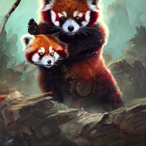 Image similar to red panda as warhammer character, digital illustration portrait design, by android jones and greg rutkowski, retrowave color scheme, detailed, cinematic lighting, wide angle action dynamic portrait