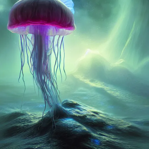 Image similar to photorealistic beautiful ethereal jellyfish planet in the style of michael whelan and greg rutkowski. hyperdetailed photorealism, 1 0 8 megapixels, amazing depth, glowing rich colors, powerful imagery, psychedelic overtones, 3 d finalrender, 3 d shading, cinematic lighting, artstation concept art