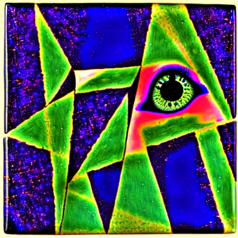 Image similar to eye stair in two another refraction of my thyme expending. embroilment in dichotic phases. fauvism, pyramids of hyperspace. as a fancy square ceramic tile