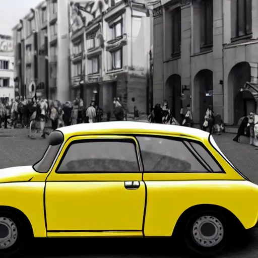 Image similar to a yellow trabant in berlin, illustration