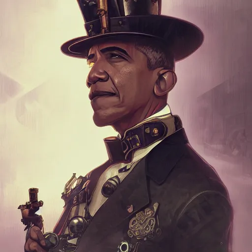 Image similar to Obama as a steampunk colonel, army, intricate, highly detailed, digital painting, artstation, concept art, sharp focus, illustration, art by greg rutkowski and alphonse mucha