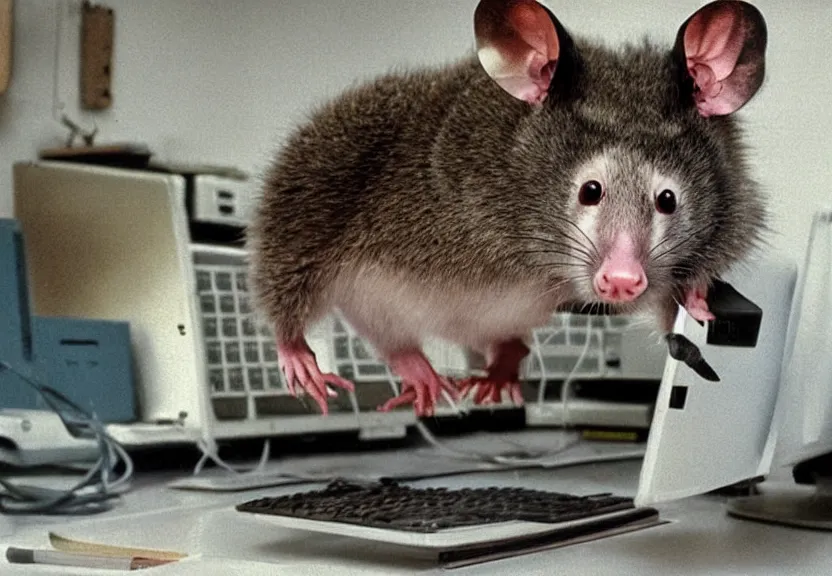 Image similar to possum dressed as an office worker, working on a desktop computer, in a 1980s office, old photo, colorized, trending on Artstation, award-winning