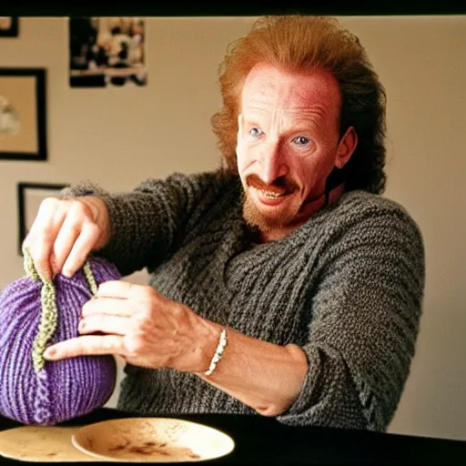 Image similar to Diamond Dallas Page knitting!!, candid photograph by Annie Leibovitz.