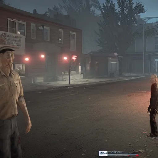 Prompt: mayberry rfd, main street with Andy Griffith, in silent hill style horror zombies death unreal engine