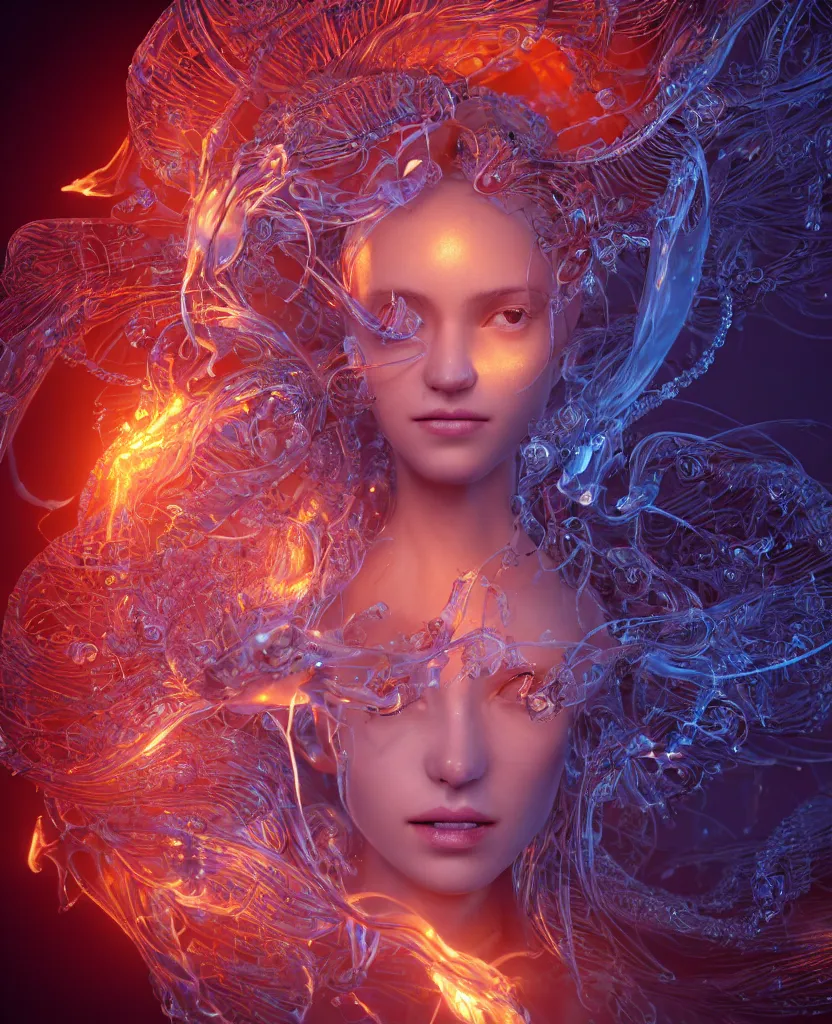 Image similar to close-up macro portrait of the face of a beautiful princess, epic angle and pose, symmetrical artwork, 3d with depth of field, blurred background, cybernetic jellyfish female face skull phoenix bird, translucent, nautilus, energy flows of water and fire. a highly detailed epic cinematic concept art CG render. made in Maya, Blender and Photoshop, octane render, excellent composition, cinematic dystopian brutalist atmosphere, dynamic dramatic cinematic lighting, aesthetic, very inspirational, arthouse. y Greg Rutkowski, Ilya Kuvshinov, WLOP, Stanley Artgerm Lau, Ruan Jia and Fenghua Zhong