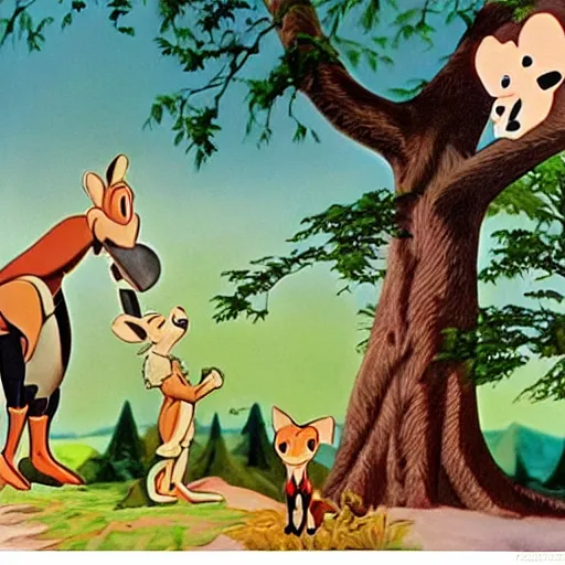 Image similar to 1940s disney film about talking forest animals super high detail