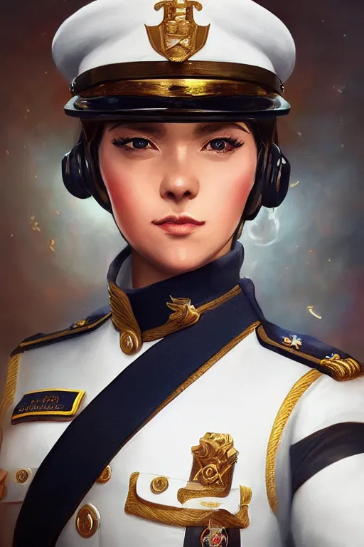 Image similar to beautiful portrait of a female officer wearing a fancy naval uniform, art by wlop and artgerm, science fiction, detailed eyes, blonde hair, space background, trending on artstation, sharp focus, illustration, caustics, octane render, 4 k, radiant light