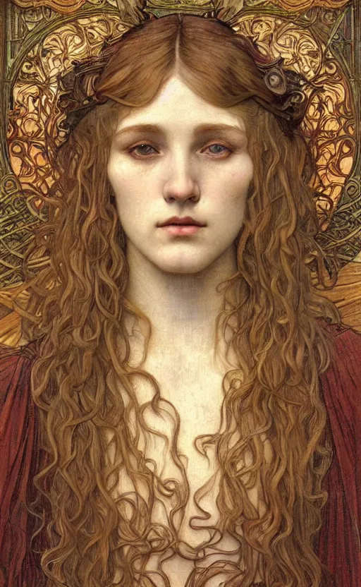 Image similar to detailed realistic beautiful young medieval queen face portrait by jean delville, alphonse mucha, vincent van gogh, and marco mazzoni, art nouveau, symbolist, visionary, gothic, pre - raphaelite