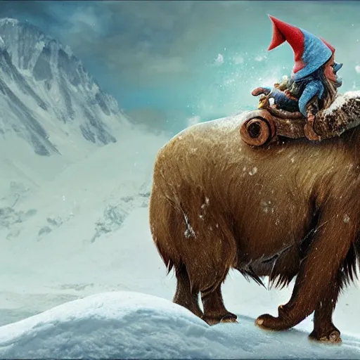 Prompt: A small gnome riding a Mammoth in a snowy landscape, photorealistic