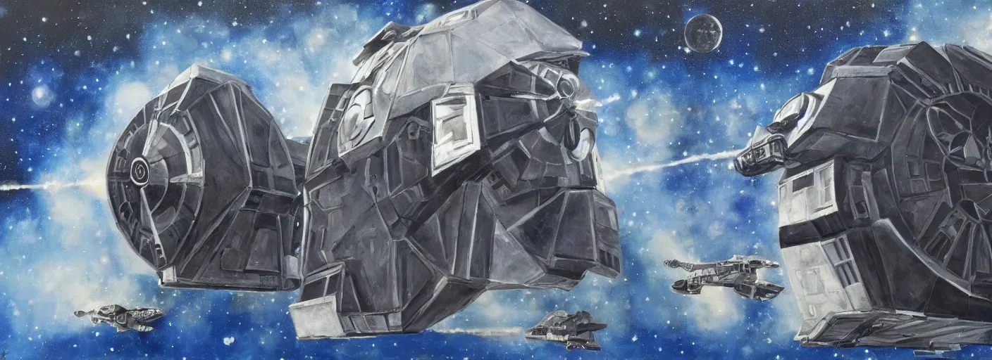 Image similar to thomas the tank engine tie fighter, space, sci fi painting