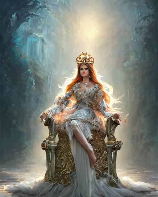 Image similar to a beautiful female queen sitting on a throne, 8 k, beautiful face and windy hair, hyperrealistic, hyperdetailed, fantasy portrait by laura sava