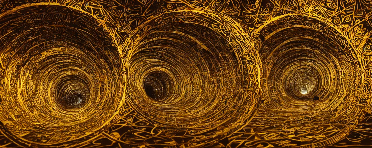 Image similar to vivid illustration of a person choosing between tunnels inside a highly intricate torus with detailed golden ornamentation and golden light, choosing between pathways