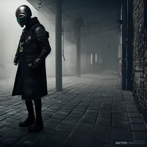 Prompt: hooden villain wearing a kamen rider gas mask, smoke coming out of his body and coat, dark background, in a dark alley, unreal engine 5, ultra realistic, detailed, fog, volumetric lighting, by greg rutkowski,
