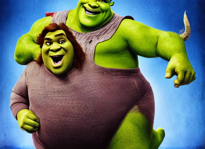 Prompt: movie poster of jack black playing shrek, photorealistic, studio photograph, detailed