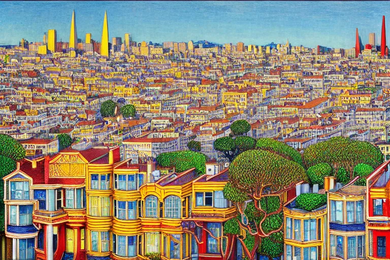 Image similar to a realistic San-Francisco cityscape, from the roof, tall terrace, hills, Golden Gate, houses, parks, and hell bursting by Louis Wain (1920), golden ratio, sharp linework, clean strokes, sharp edges, flat colors, cell shaded by moebius, Jean Giraud, trending on artstation