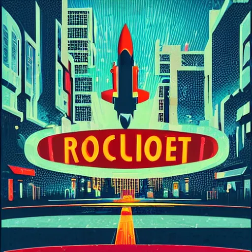 Prompt: rocket standing on a street in the middle of a cyberpunk city, neon signs, 1 9 6 0 s poster, psychedelic, minimalism, clouds, night time, dramatic lighting, flat design, flat colors, in the style of a soviet propaganda poster