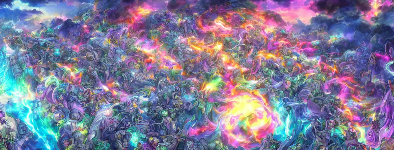 Prompt: a zoomed out panoramic view an army of rainbow soul calvary screaming into the abyss. hyperrealistic anime background illustration by irakli nadar, colorful, extremely detailed intricate linework, smooth, super sharp focus, bright colors, high contrast, matte, octopath traveler, unreal engine 5 highly rendered, global illumination, radiant light