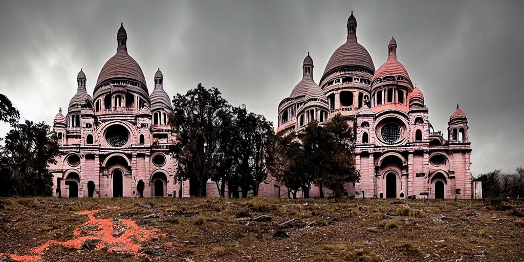 Prompt: abandoned post-apocalyptic Basilica of Sacré Coeur de Montmartre, toxic orange and pink mist rises from the ground and contrasts the white exterior, dark gray skies, stark contrasting lighting, a two-headed mutated deer-like creature looks on in the distance from the sparse twisted silhouetted foliage, a highly detailed colorful matte painting by Zdzislaw Beksinski and Mikko Lagerstedt, featured on Artstation, Unreal Render, 8k HDR