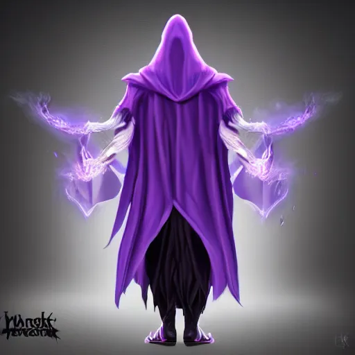 Image similar to warlock long hood cloak purple, fighting dark evil monster from hell in magic world, 8 k, trending on artstation by tooth wu