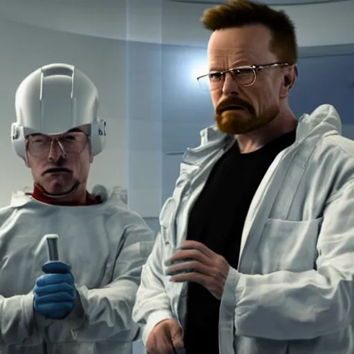 Image similar to Elon musk and Walter white making methamphetamine. 8k ultra realistic, award winning, unreal engine 5, masterpiece, atmosphere glow, hyperrealistic, focused, extreme details, cinematic