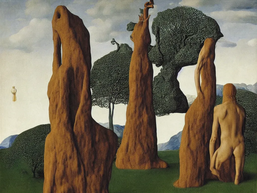 Image similar to albino mystic, with his back turned, looking at a giant totemic African statue, archaic, geometric, strange god, mound, rock. Painting by Jan van Eyck, Audubon, Rene Magritte, Agnes Pelton, Max Ernst, Walton Ford