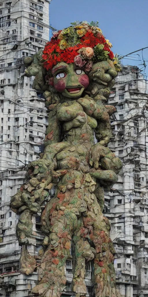 Prompt: giant grotesque flower proletariat statue in the middle of abandoned early soviet constructivist cityscape, Stalinist architecture, ultradetailed by Hayao Miyazaki and Josan Gonzalez and Makoto Shinkai and Giuseppe Arcimboldo and Wes Anderson