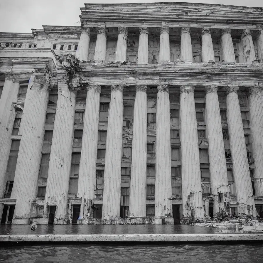 Prompt: 1 9 7 0 s movie still a huge neoclassical building flooded with corpses, by etienne - louis boullee, leica sl 2 5 0 mm, heavy grain, high quality, high detailed