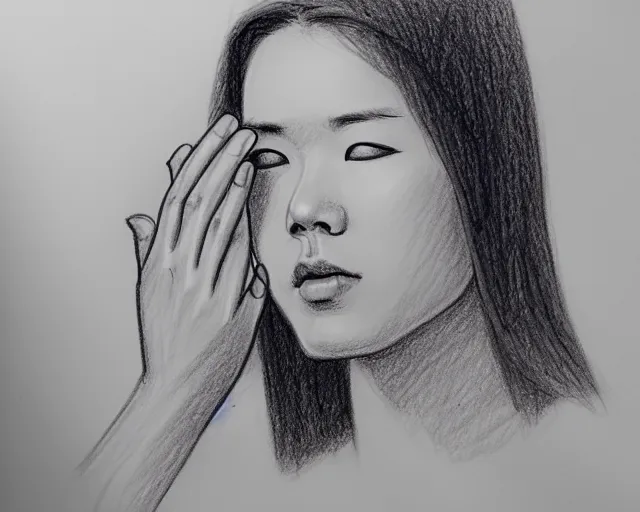 Image similar to a drawing of a woman covering her face with her hands, a sketch by choro choi, thick stroke, trending on artstation, context art, pencil sketch, high detail, kinetic