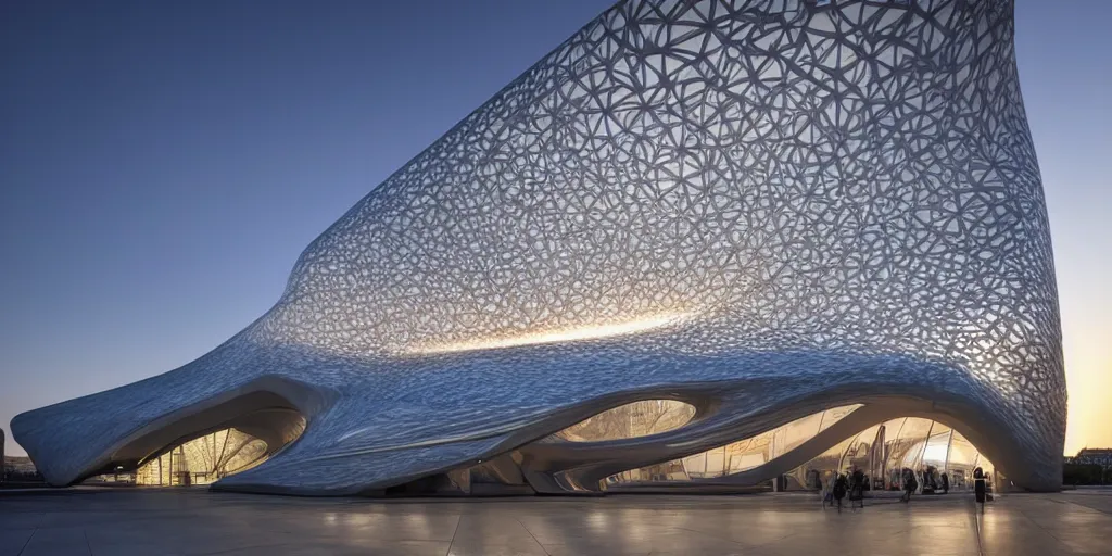 Image similar to extremely detailed ornate stunning sophisticated beautiful elegant futuristic museum exterior by Zaha Hadid, stunning volumetric light, sunset, concrete ant translucent material, stunning skies, 8k dragonfly structural pattern