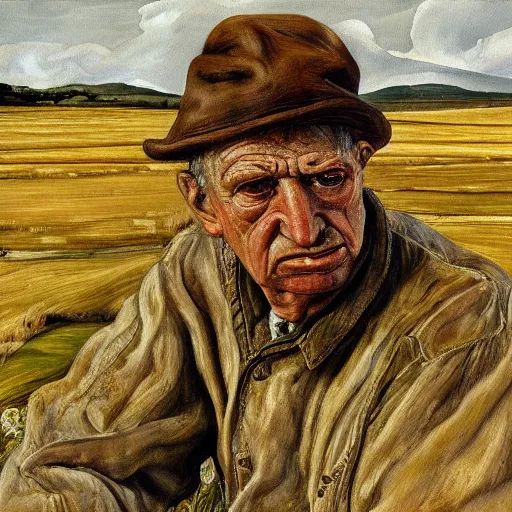Image similar to high quality high detail painting by lucian freud, hd, farmer looking at the distance with despair, photorealistic lighting