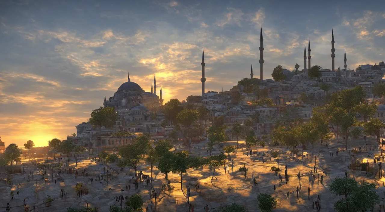 Image similar to highly detailed landscape of istanbul at sunset, unreal engine, global illumination, god rays, detailed and intricate environment