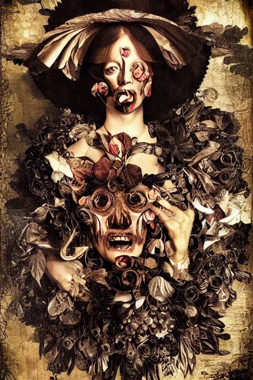 Prompt: Detailed maximalist portrait with large lips and with large eyes, angry expression, HD mixed media, 3D collage, highly detailed and intricate illustration in the style of Caravaggio, dark art, baroque