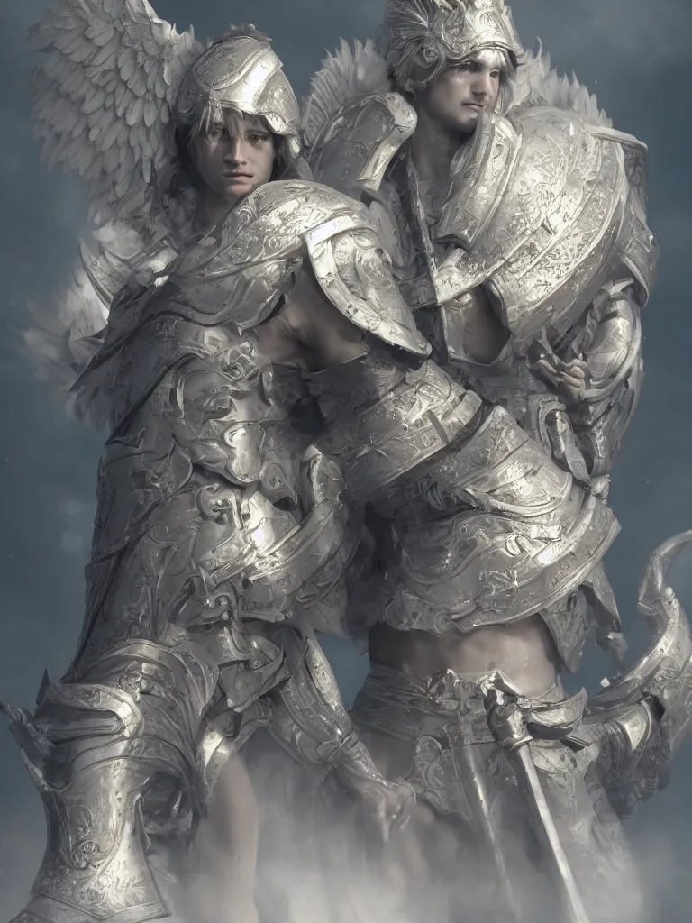 Prompt: male divine and rogynous gorgeous, with a white gold high angelic armor, dark epic, roman toga, cinematic lighting, heaven background, concept art, highly detailed, photorealistic, 4 k, mist, octane render, unreal engine, hyper detailed, volumetric lighting.