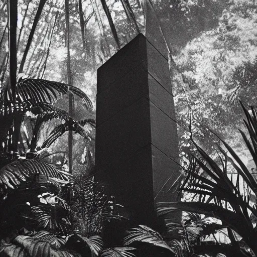 Image similar to lost film footage of a sacred modernist totem in the middle of the tropical jungle / film still / cinematic / enhanced / 1 9 2 0 s / black and white / grain