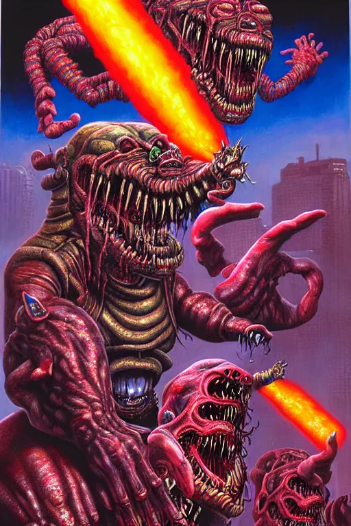 Image similar to a hyperrealistic painting of iron maidens eddie an epic boss fight against money devouring democratic politician demons, cinematic horror by chris cunningham, lisa frank, richard corben, highly detailed, vivid color,