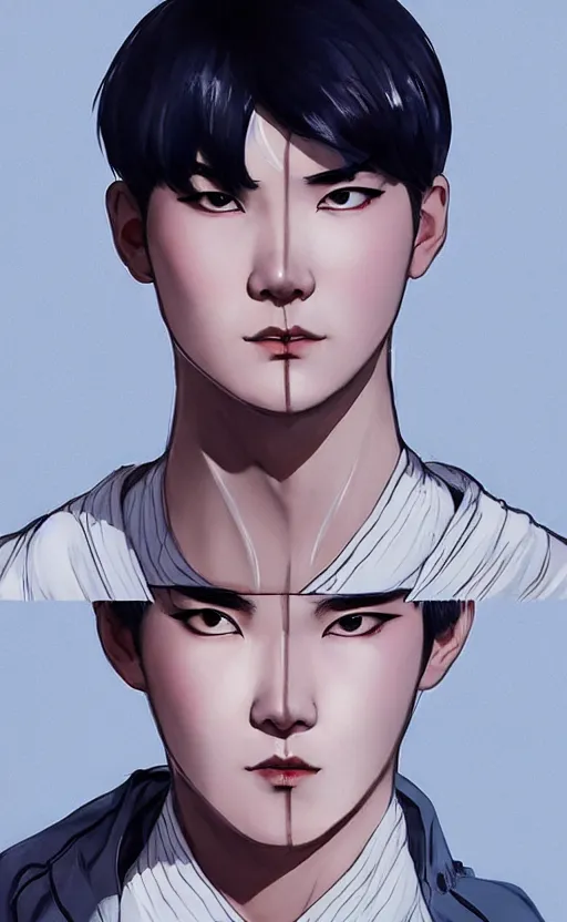 Image similar to MIN YOONGI is ZUKO, night time, dynamic lighting , looking at his FIRE SCAR reflection, +++ super super super dynamic posing, j.c. leyendecker, Valentina Remenar, thick eyebrows, super serious facial expression