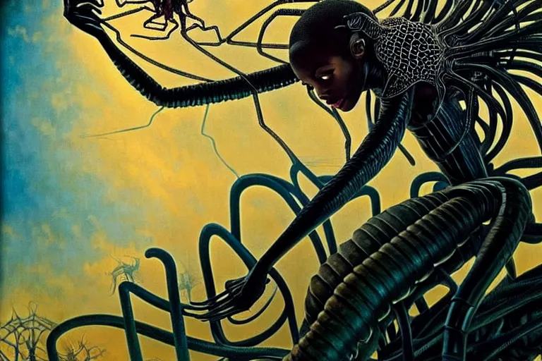 Prompt: realistic detailed portrait movie shot of a beautiful black woman riding a giant spider, dystopian city landscape background by denis villeneuve, amano, yves tanguy, alphonse mucha, max ernst, ernst haeckel, kehinde wiley, jean delville, david lynch, roger dean, cyber necklace, rich moody colours, sci fi patterns, dramatic, wide angle