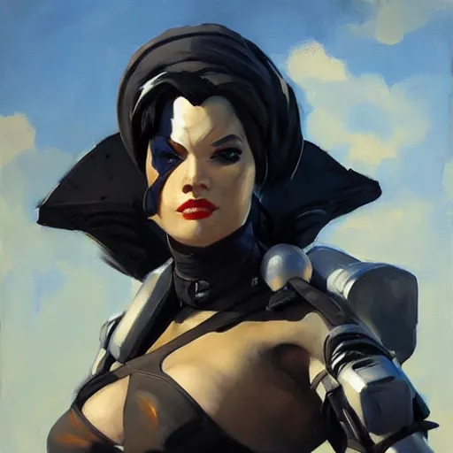 Image similar to greg manchess portrait painting of armored neena thurman aka domino as overwatch character, medium shot, asymmetrical, profile picture, organic painting, sunny day, matte painting, bold shapes, hard edges, street art, trending on artstation, by huang guangjian and gil elvgren and sachin teng