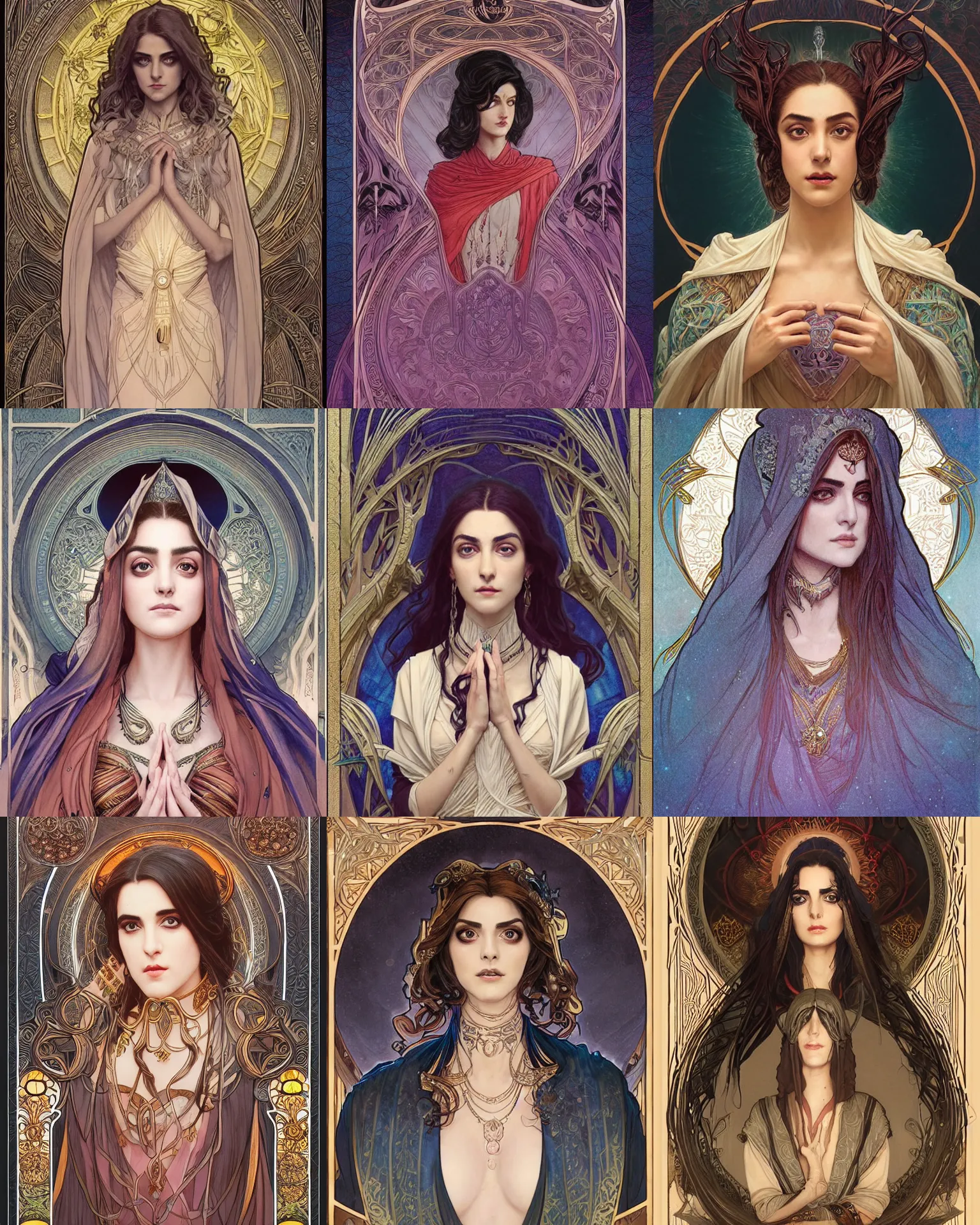 Prompt: masterpiece symmetrical centered bust-view portrait, Maya Ali as D&D sorcerer, one head portrait, Art Nouveau style, wizard robe, fantasy, delicate, elegant, in the style of Greg Rutkowski and Moebius and Mohrbacher and ROSSDRAWS and Ross Tran and Alphonse Mucha and Ayami Kojima and Charlie Bowater and Jean Delville, Pixar, Maya engine, splash comics, tarot card style, Art Nouveau, rich bright colours