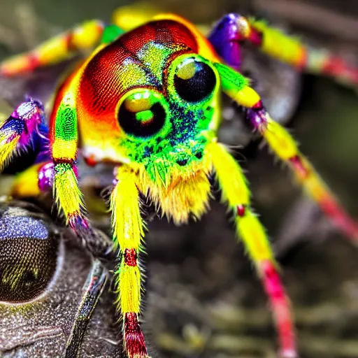 Image similar to a macroshot of a rainbow coloured spider with hundreds of legs and one large eye.