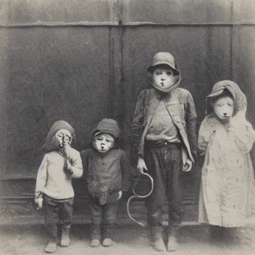 Image similar to portrait of children wearing hobo masks, photograph, style of atget, 1 9 1 0, creepy, dark