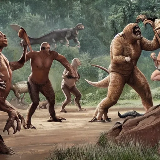 Image similar to A large dinosaur! fighting with several realistic detailed cavemen with proportioned bodies, next to the dinosaur are cavemen, the cavemen are armed with spears, the caveman are in a fighting stance, the cavemen are wearing animal furs, one caveman is stabbing the dinosaur with his spear, one caveman is cowering in fear, coarse canvas, visible brushstrokes, intricate, extremely detailed painting by William Turner (and by Greg Rutkowski)