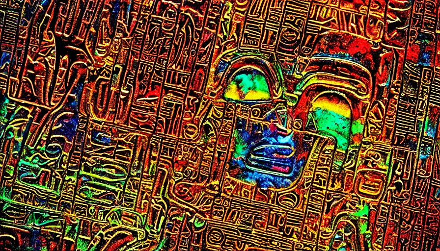 Prompt: h. r. giger hieroglyphs, sorrow intense likely, acid neochrome rainbow gold chrome metal metallic, sense of decay given, throw into the abyssal despair, various refining techniques, micro macro auto focus, top photography photo art gallery, realistic photo, insane detail