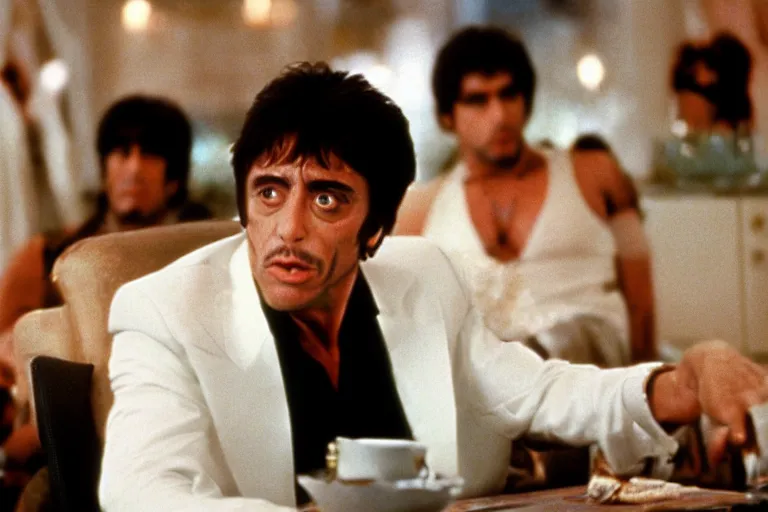 Prompt: tony montana from movie scarface 1 9 8 3 sitting behind a big black oak table with big large packages of flour. long shot. al pacino. perfect symmetric face, coherent eyes, fine details, 4 k, ron cobb, cinestill. last scene from scarface movie