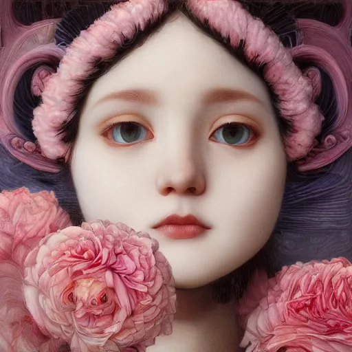 Image similar to white cat girl, botanical, rose, portrait face, colorful, frantisek kupka, intricate, miles johnston, kuroda seiki, cynical realism, ozabu, john william godward, painterly, yoshitaka amano, moebius, miles johnston, louise zhang, james jean, mark ryden lowbrow pop surrealism art style