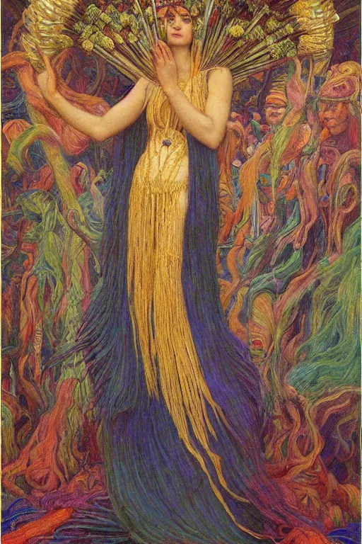 Prompt: queen of spring, by jean delville and Gaston Bussière and Tino Rodriguez and Diego Rivera , elaborate headdress and embroidered velvet, iridescent beetles, rich color, dramatic cinematic lighting, extremely detailed