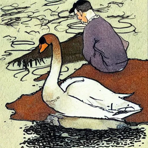 Image similar to man and swan sitting on a pile of ashes, drawing by Milo Manara, highly detailed, sensual colors